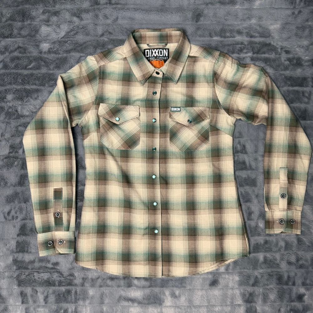 Dixxon Flannel Hollow Point Mens Small Green Tan Plaid D-Tech Snap Button Shirt